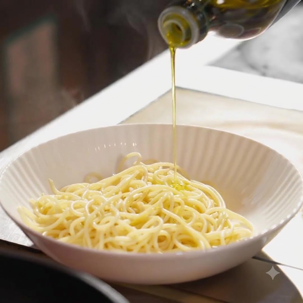 Olio doliva che viene versato sulla pasta cotta in una ciotola.
