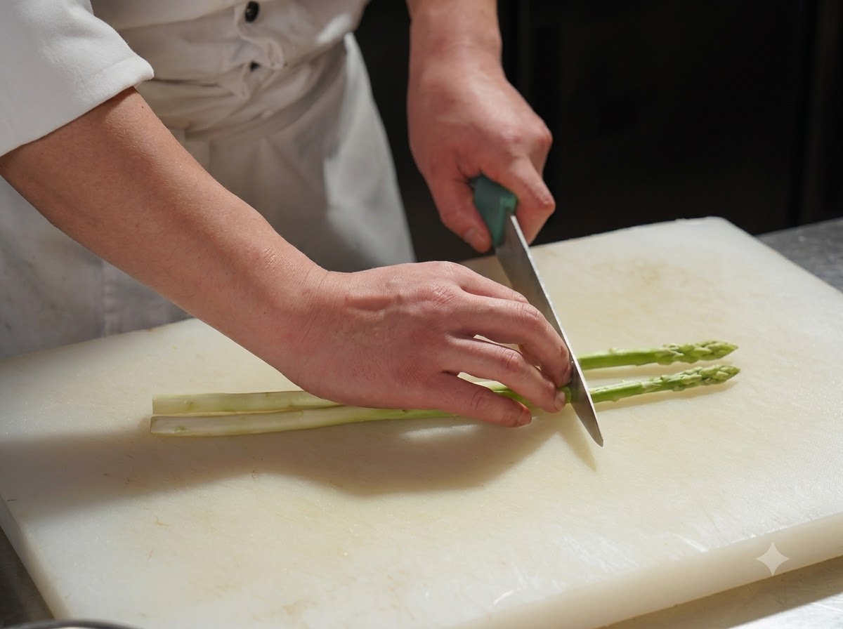 Chef che taglia i gambi di asparagi su un tagliere.