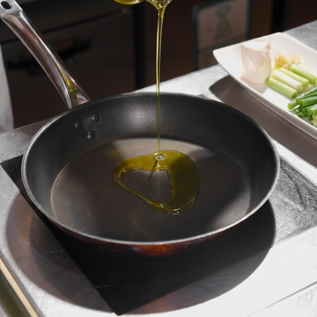 Olio doliva versato da un piccolo contenitore al centro di una padella calda.