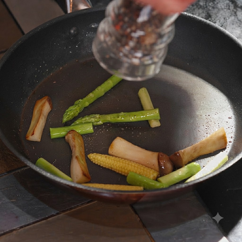 Macinapepe che condisce con sale e pepe gli asparagi, i funghi e il baby corn nella padella.