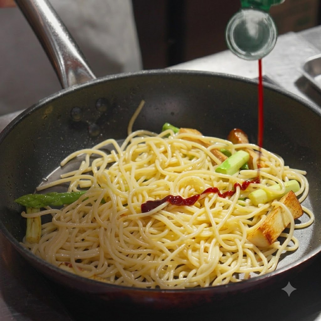 Salsa scura versata da una bottiglia su un letto di spaghetti e verdure in padella.