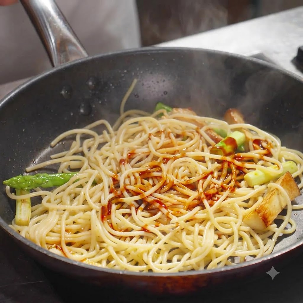 Spaghetti mescolati con le verdure nella padella, conditi con salsa di soia e salsa di ostriche.