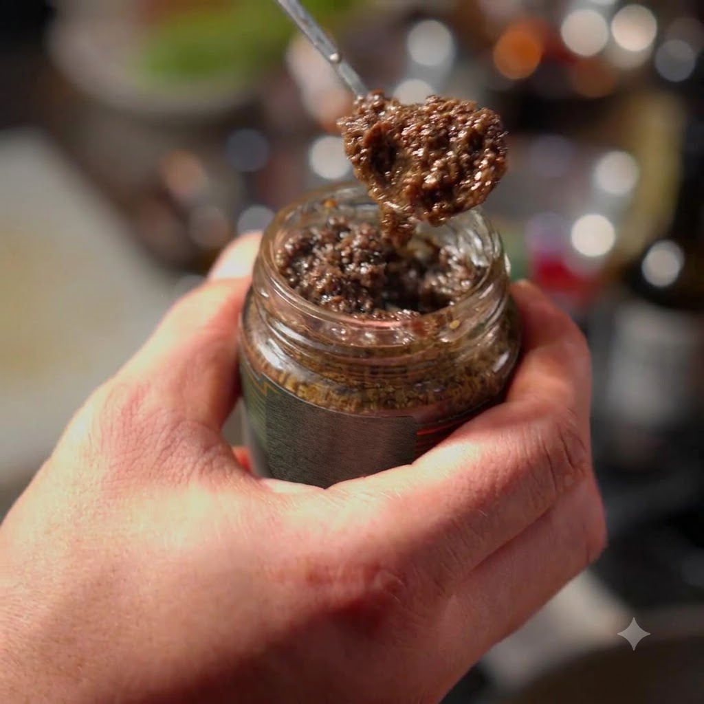 Un cucchiaio di salsa al tartufo nero tenuto sopra un barattolo di vetro, pronto per essere aggiunto.