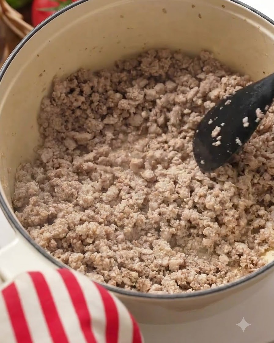 Aglio tritato versato sulla miscela di carne rosolata allinterno della pentola.