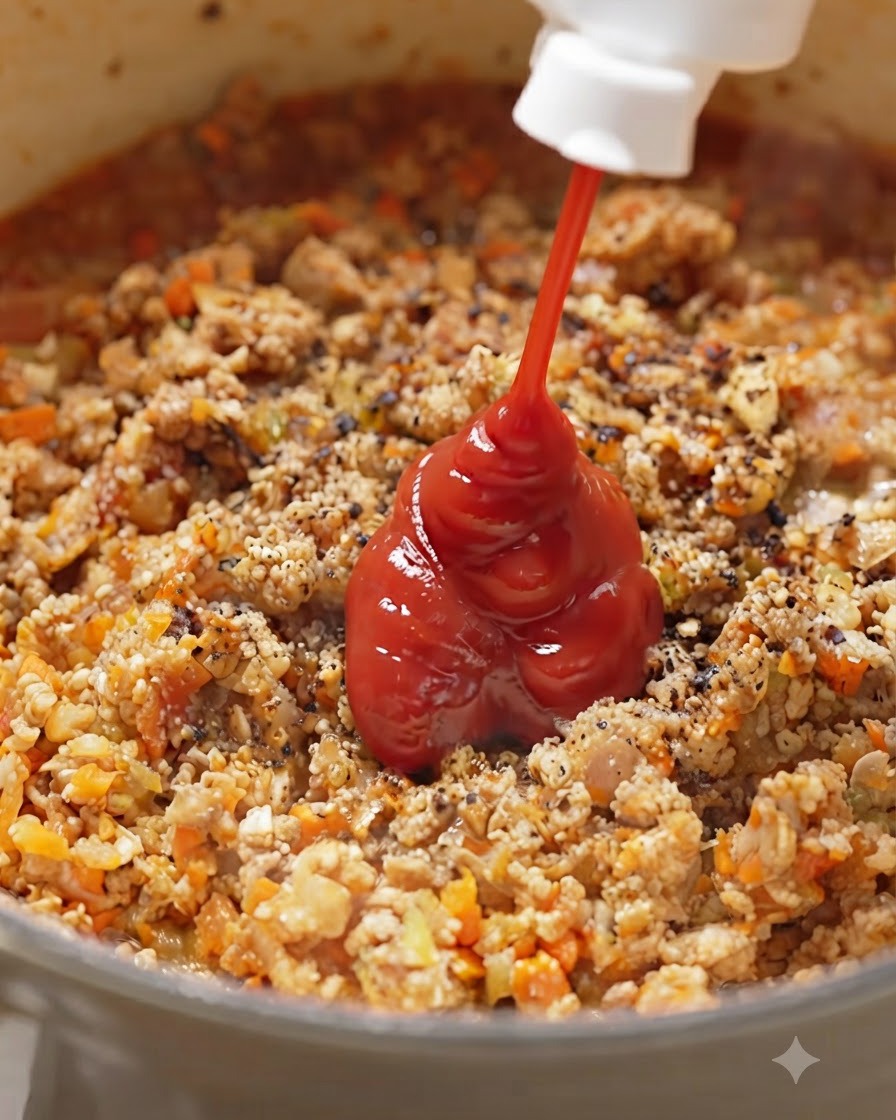 Ketchup spremuto direttamente nel composto di carne e verdure condito.