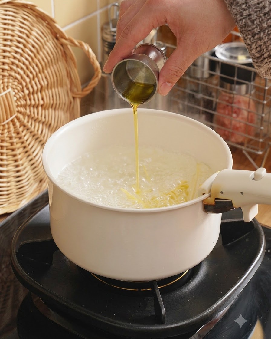 Olio doliva versato da un misurino in una pentola di acqua bollente sul fuoco.
