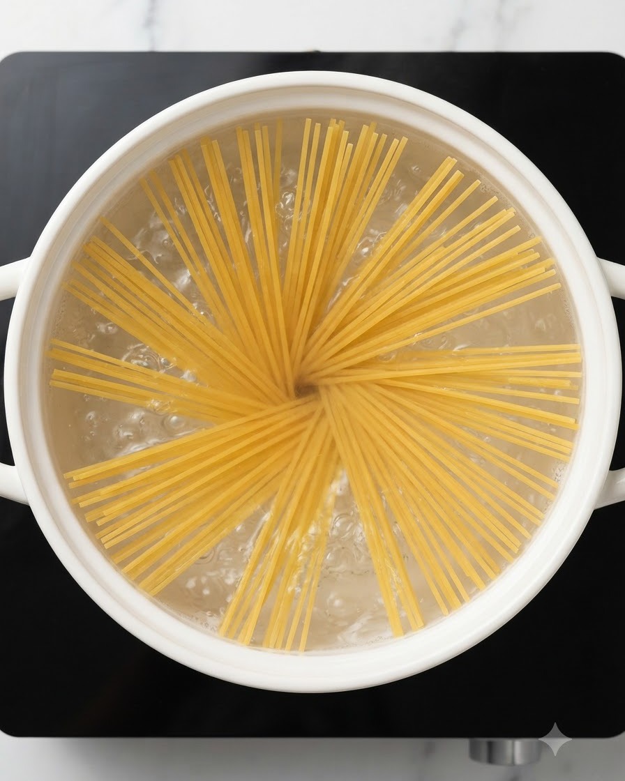 Spaghetti secchi disposti a raggiera allinterno di una pentola di acqua bollente.