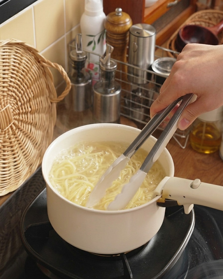 Pinze che mescolano gli spaghetti in cottura nellacqua bollente.