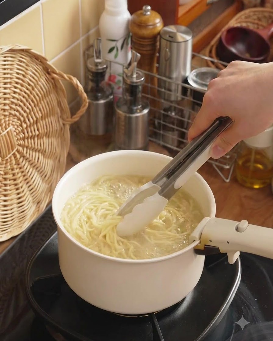 Pinze che sollevano fili di spaghetti cotti fuori dalla pentola.