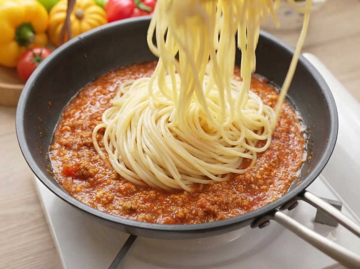 Spaghetti mescolati nel sugo di carne di pomodoro che sobbolle in una padella usando le pinze.