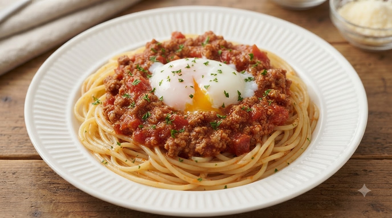 Spaghetti con Sugo di Carne alla Tomata e Uovo Morbido