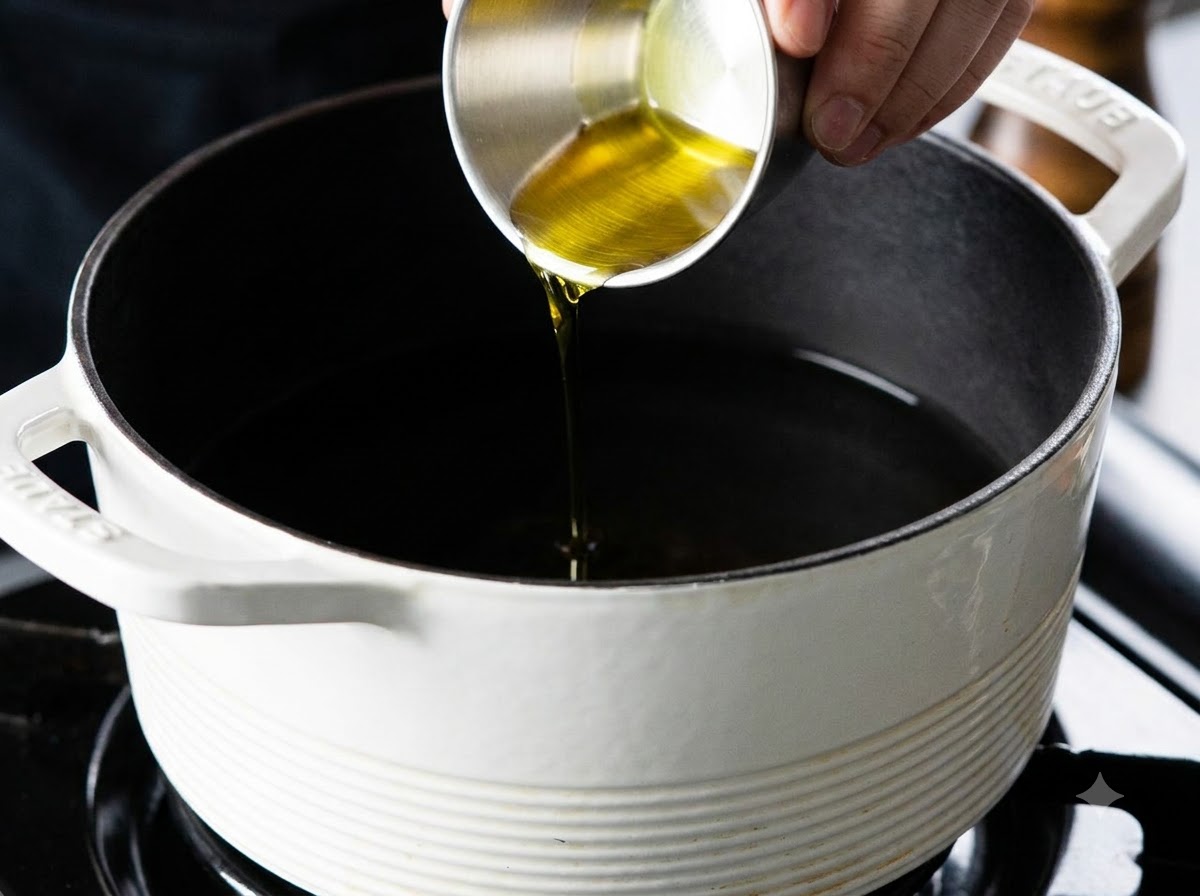 Olio doliva versato da un piccolo misurino di metallo in una pentola di acqua bollente.