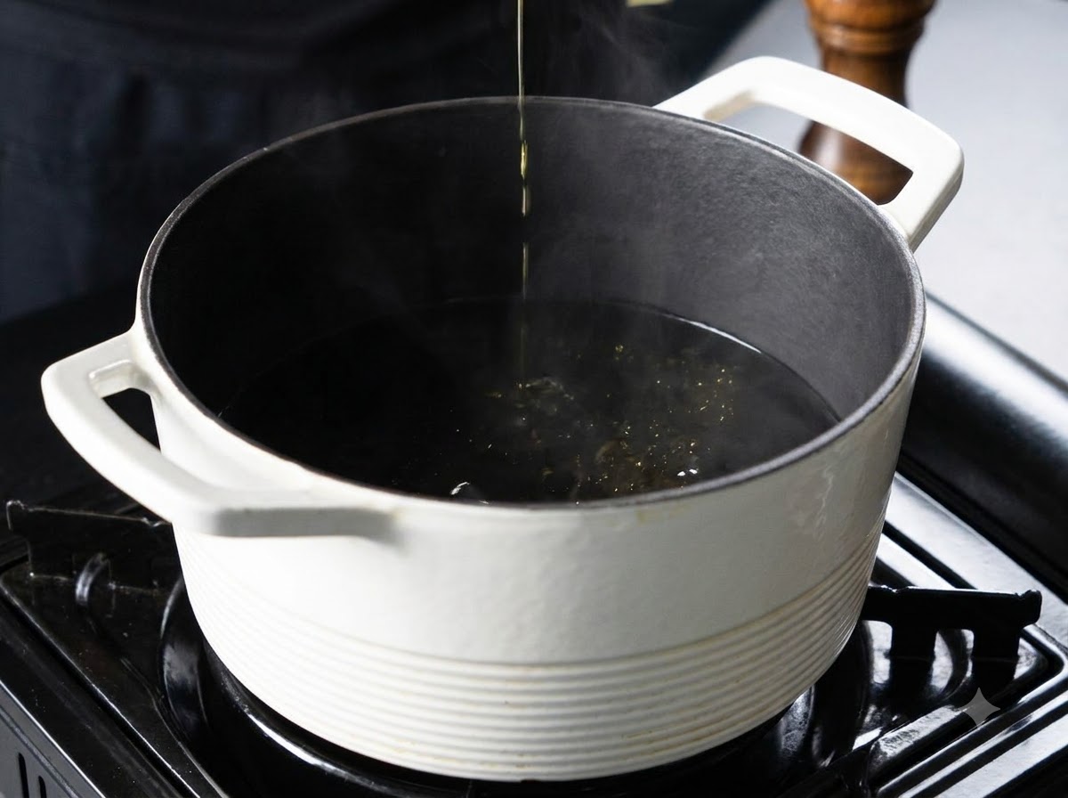 Flussi di acqua e vapore che si alzano mentre la pasta cuoce allinterno di una pentola bollente.