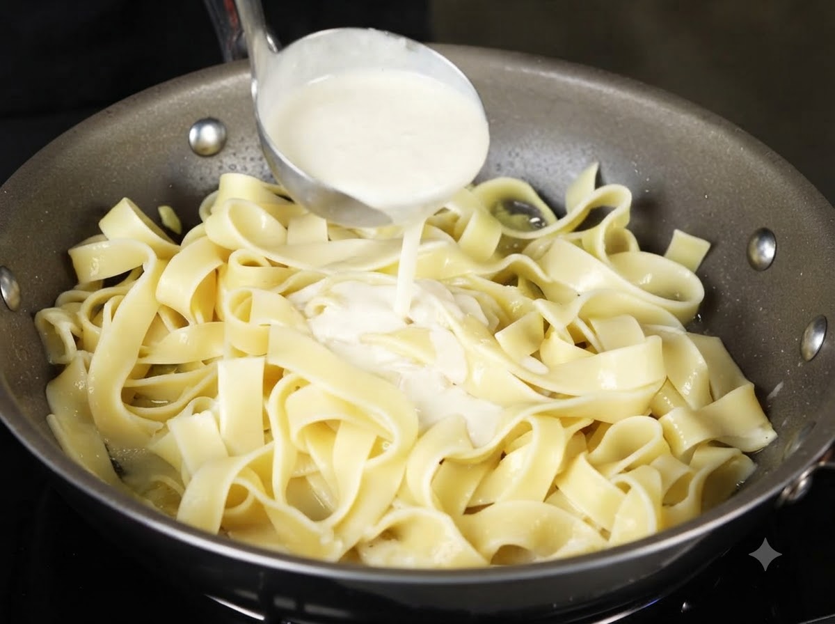 Panna fresca versata da un mestolo nella padella con la pasta.