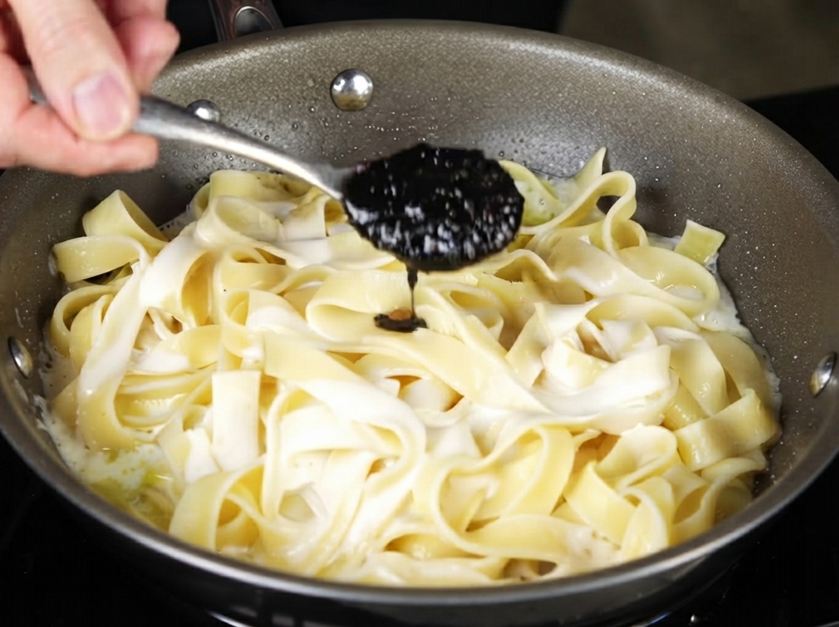 Salsa di tartufo nero fatta cadere da un cucchiaio sulla pasta nella padella.