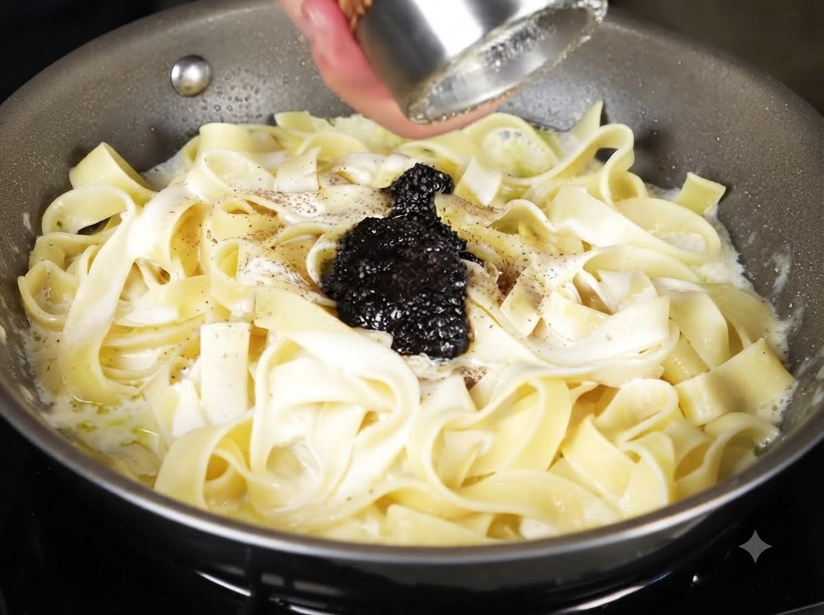 Sale marino macinato da un macinasale sulla pasta cremosa nella padella.
