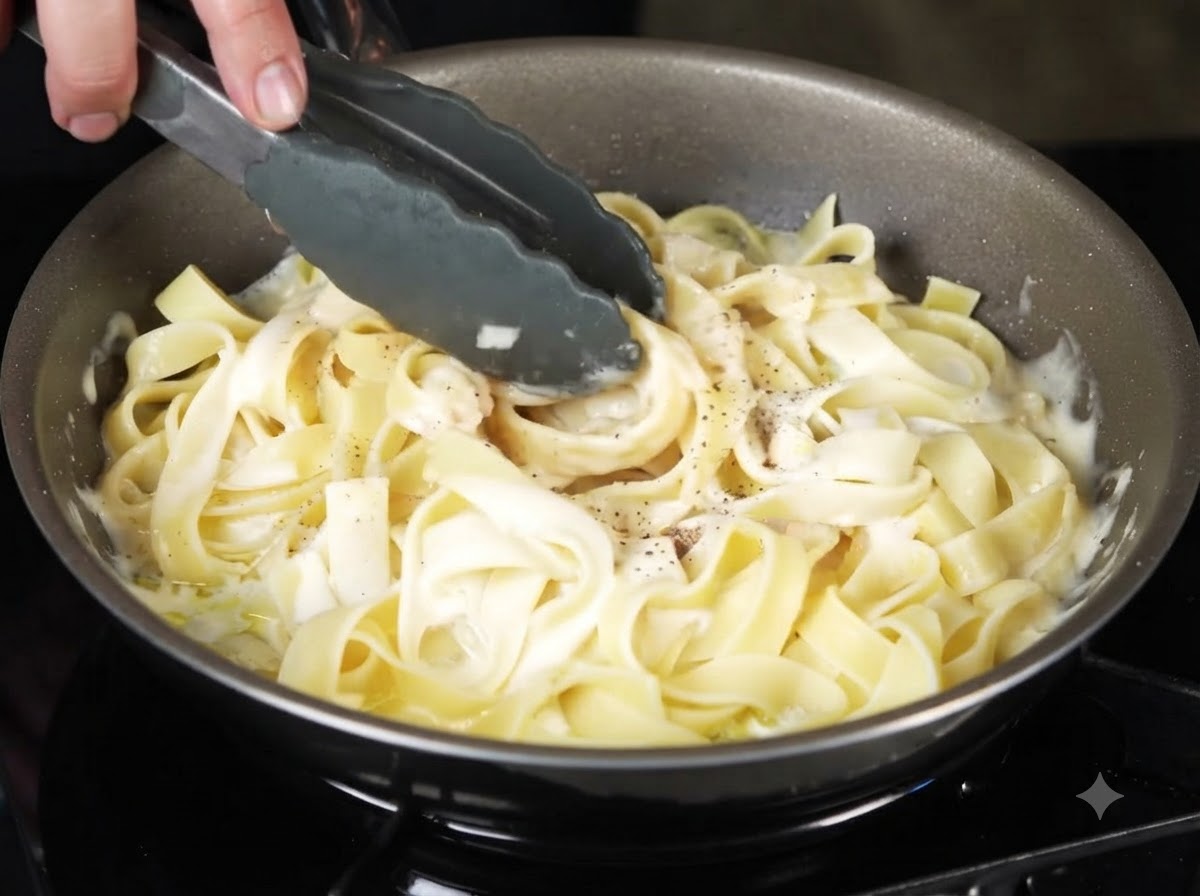Pinze che mescolano e uniscono la pasta cremosa al tartufo nero insieme nella padella.