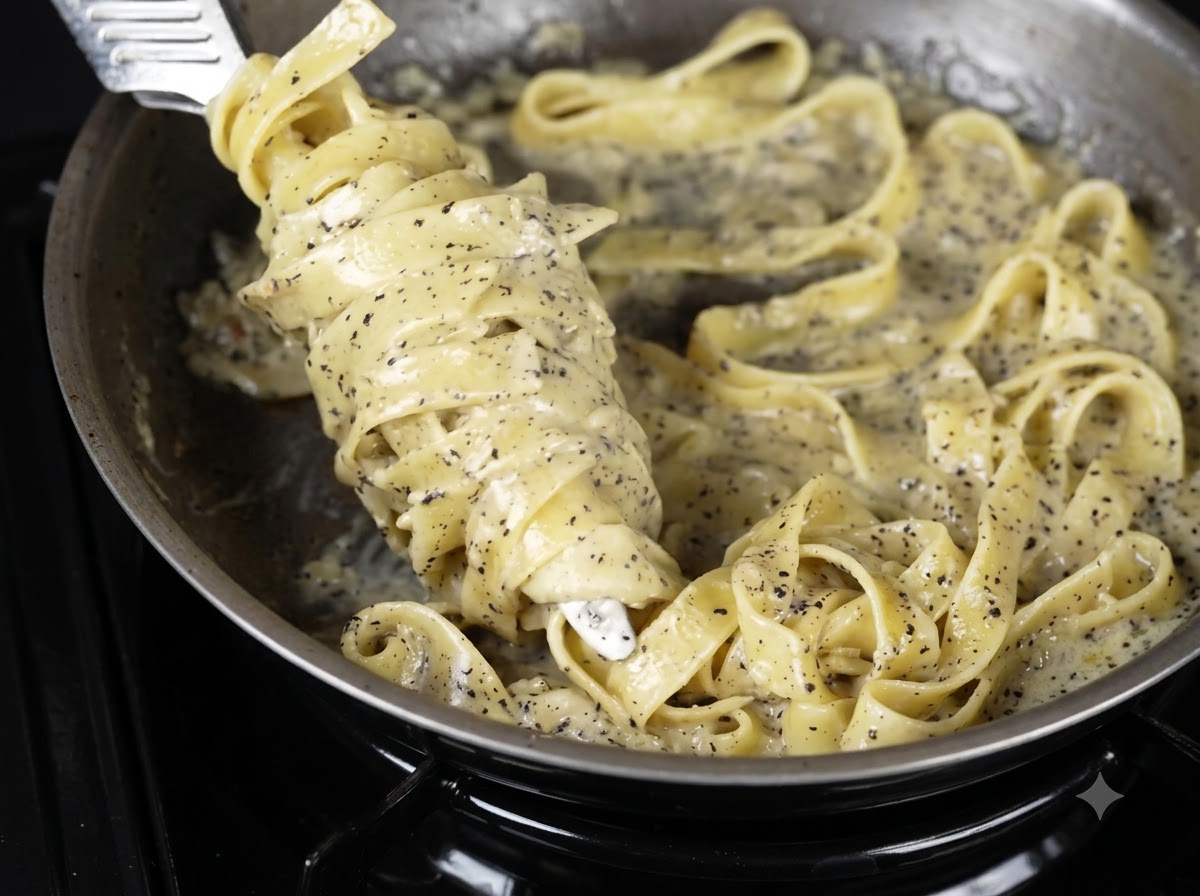 Una forchetta che solleva una porzione di pasta cremosa al tartufo nero impiattata e guarnita con caviale.