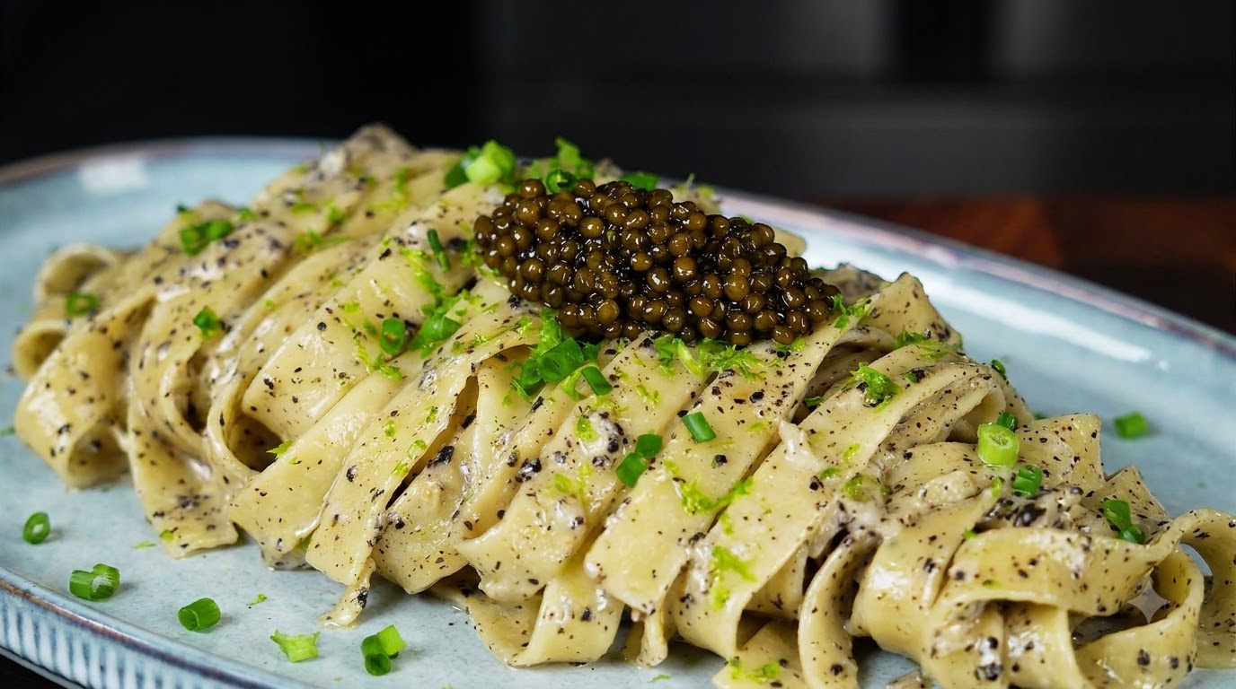 Un piatto azzurro chiaro con pasta lucida alla crema di tartufo nero, squisitamente guarnita con caviale nero e cipollotti tritati su uno sfondo scuro.