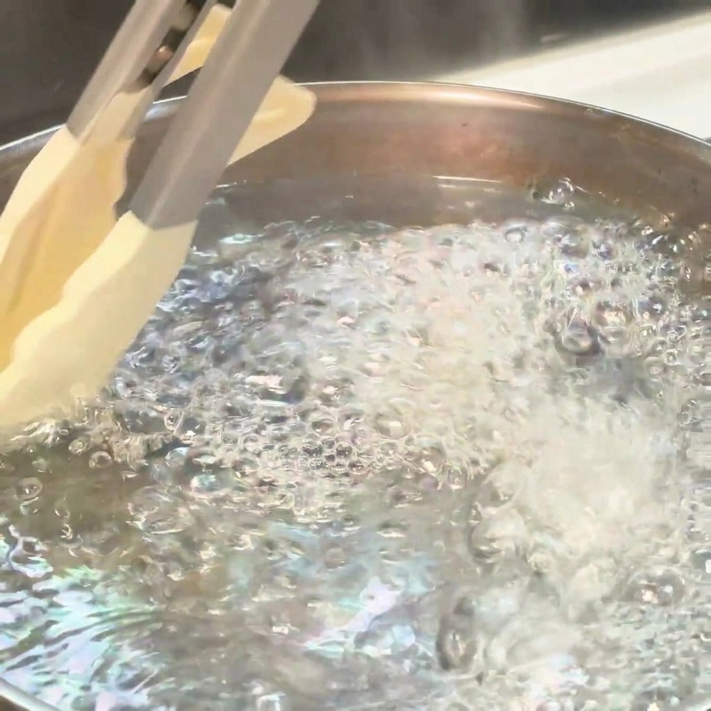 Fili di spaghetti immersi nellacqua bollente con delle pinze da cucina.