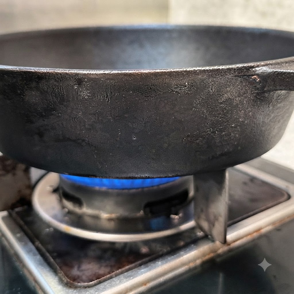 Fette daglio che cuociono lentamente nellolio doliva su una fiamma a gas blu.
