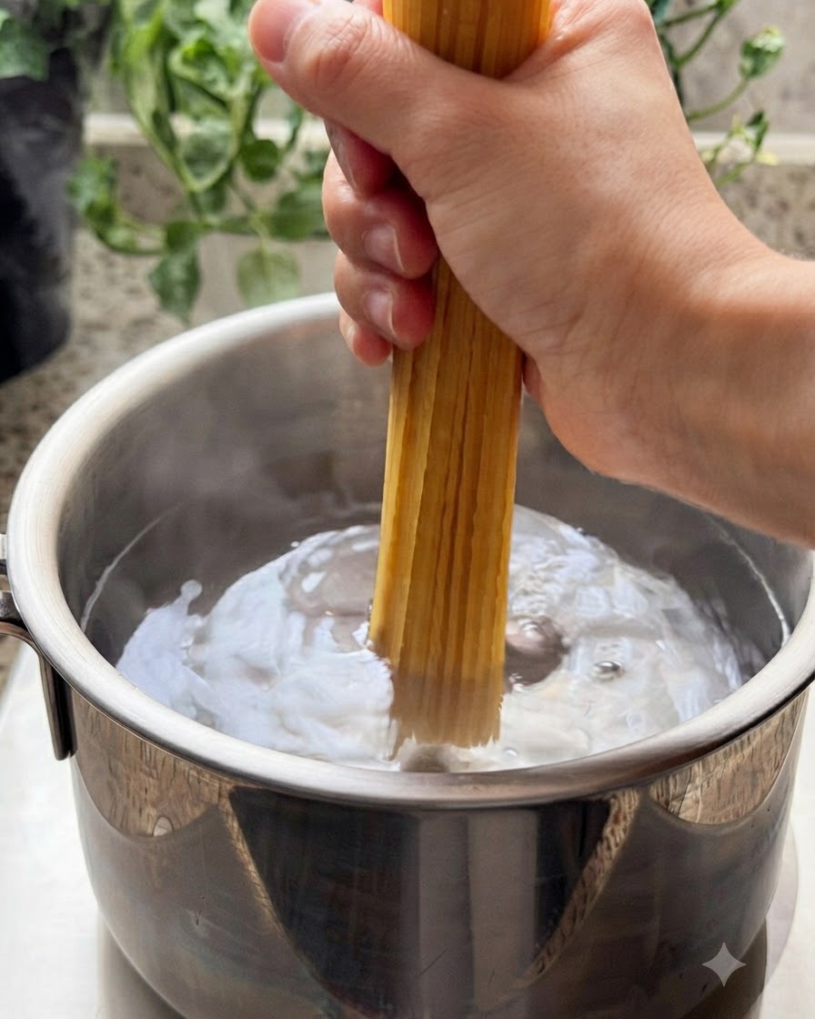Un fascio di spaghetti crudi immersi in una pentola di acqua bollente.