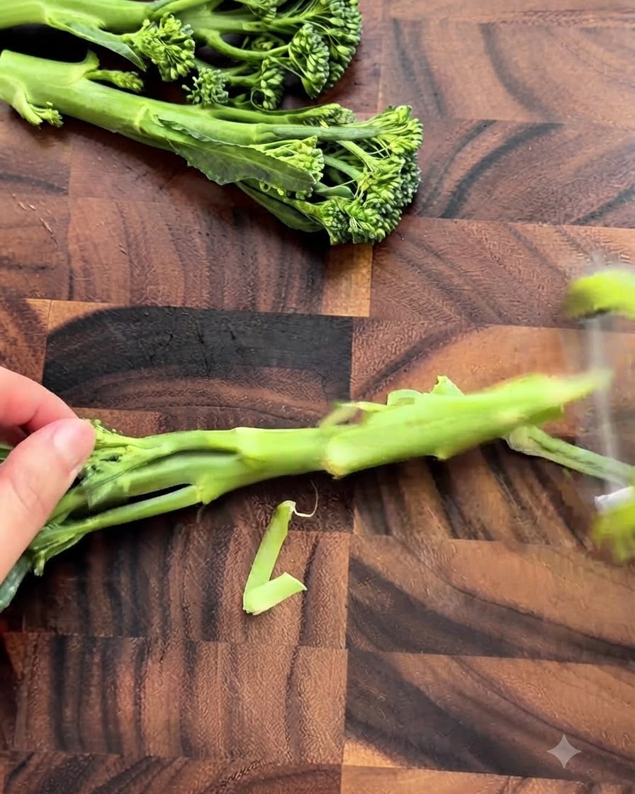 Gambi di verdure verdi pelati e tagliati su un tagliere di legno.