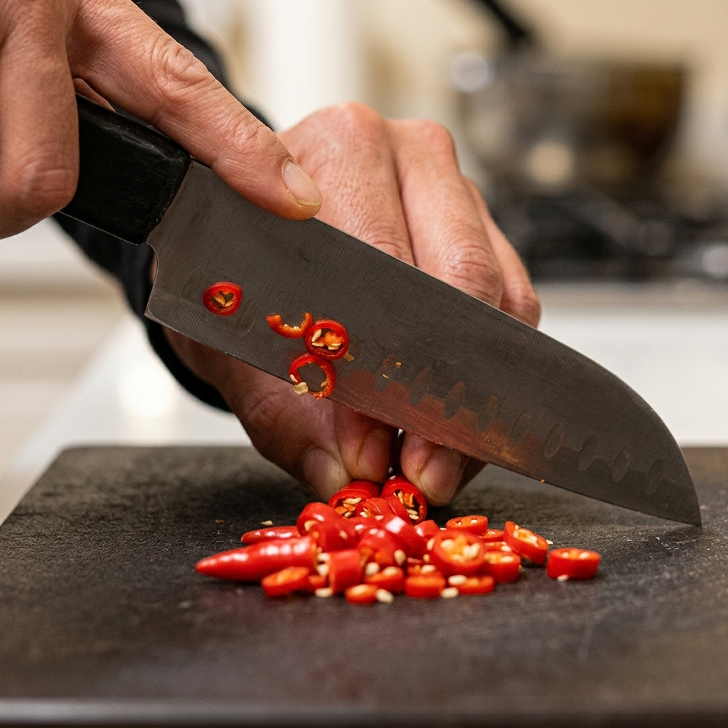 Una vista ravvicinata di uno chef che affetta peperoncini rossi su un tagliere scuro con un coltello da cucina.