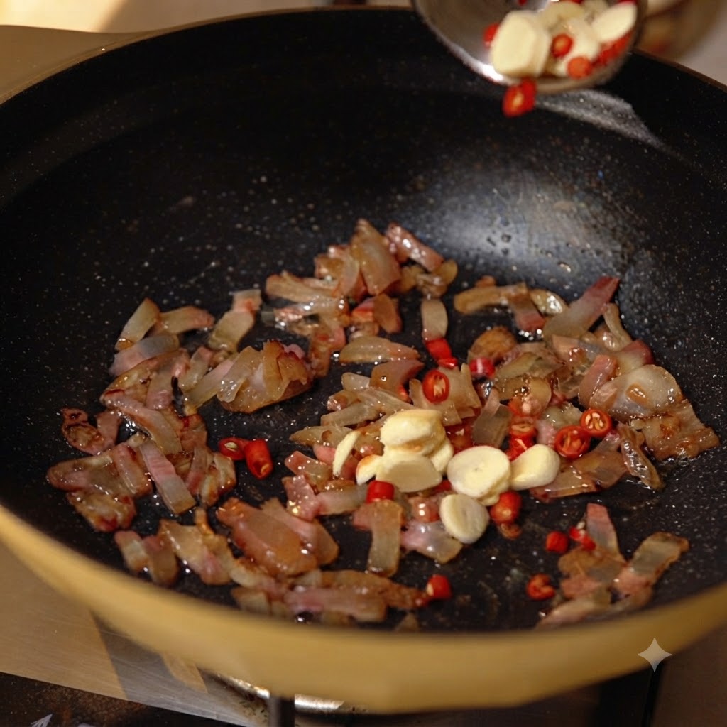 Fette di aglio e pezzi di peperoncino rosso che vengono fatti cadere in una padella contenente guanciale fuso.
