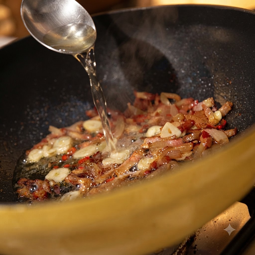 Vino bianco versato da un cucchiaio dargento in una padella di carne sfrigolante e aglio.