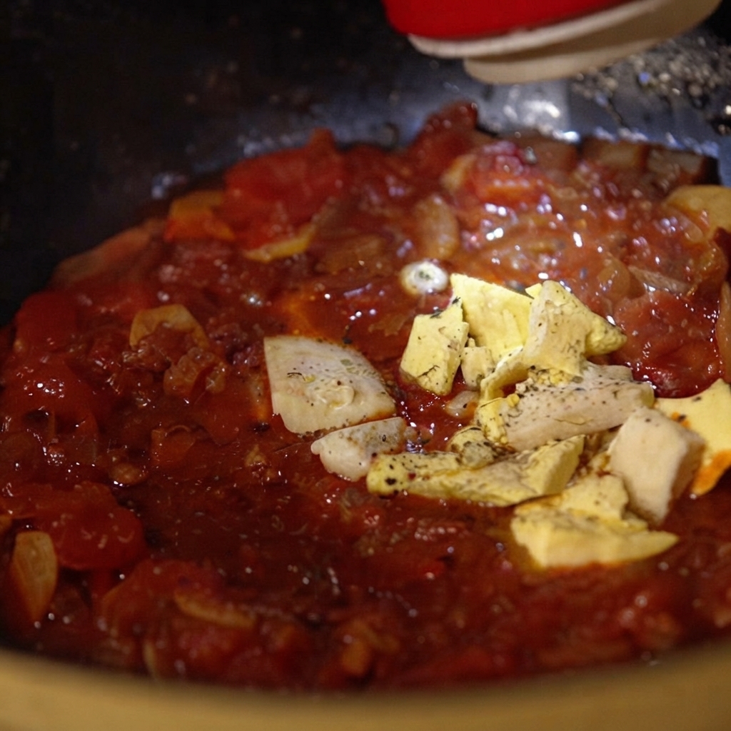 Tocchetti di burro e formaggio che si sciolgono in una salsa di pomodoro rossa ribollente in una padella.