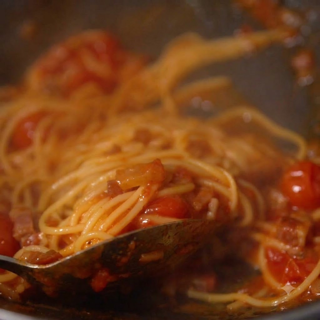 Fili di spaghetti cotti che si mescolano nella salsa rossa di pomodoro e carne allinterno di una padella.