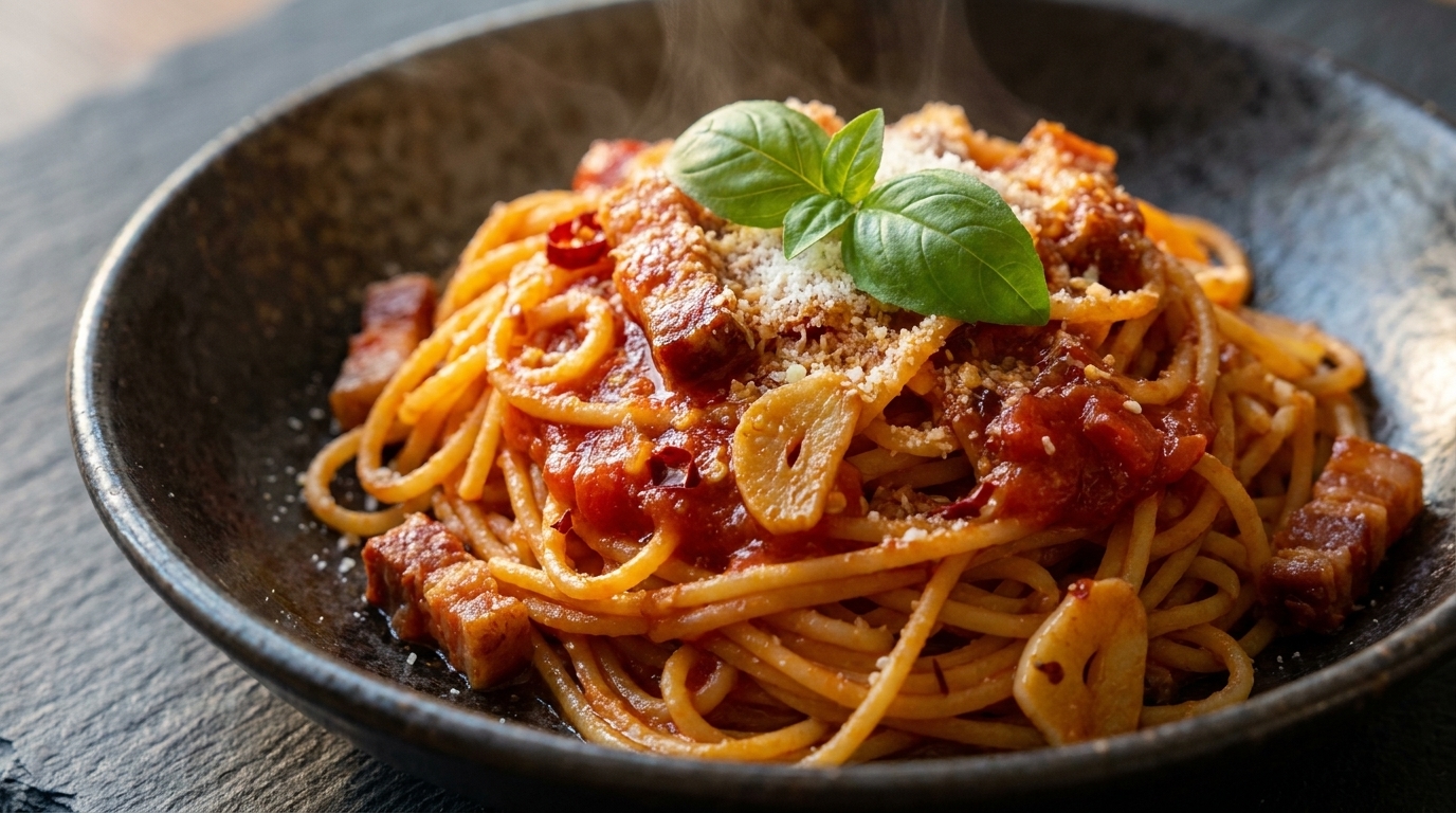 Pasta alla Genovese Piccante con Guanciale