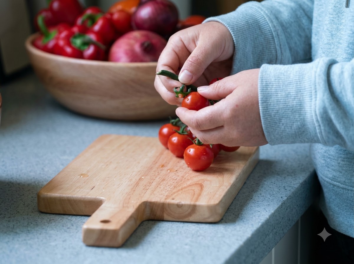 Pomodorini disposti su un tagliere di legno.