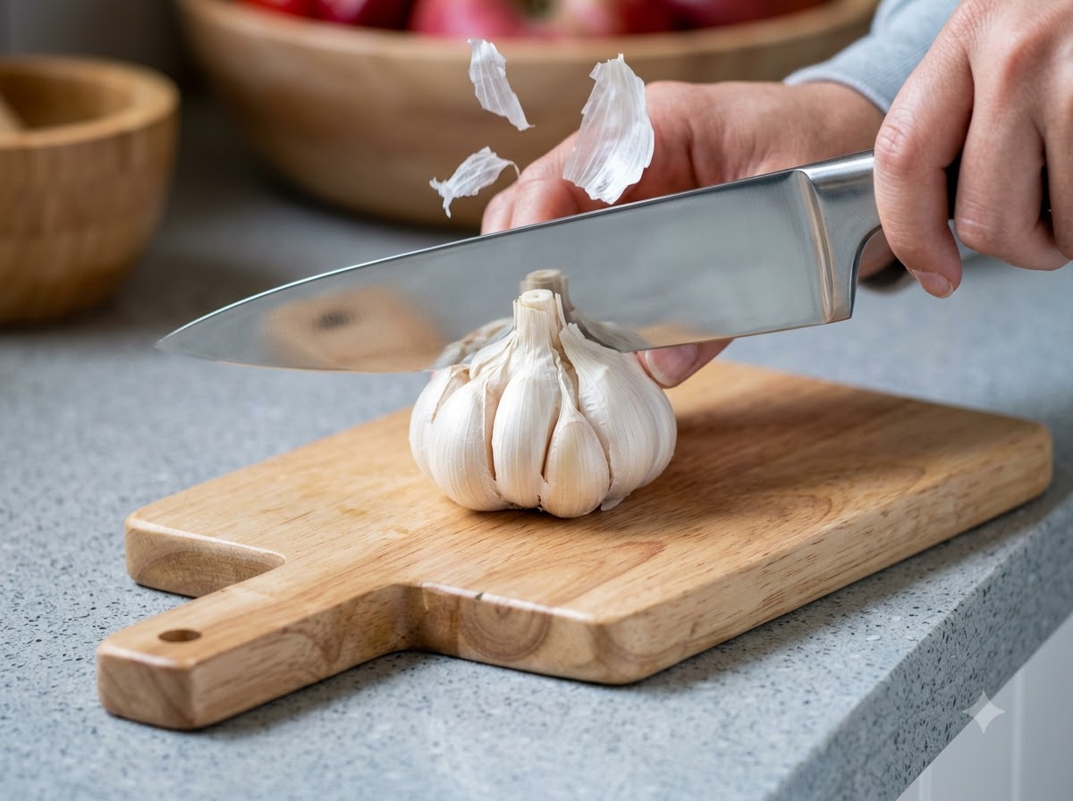Un coltello affilato taglia una testa daglio intera su un tagliere di legno.