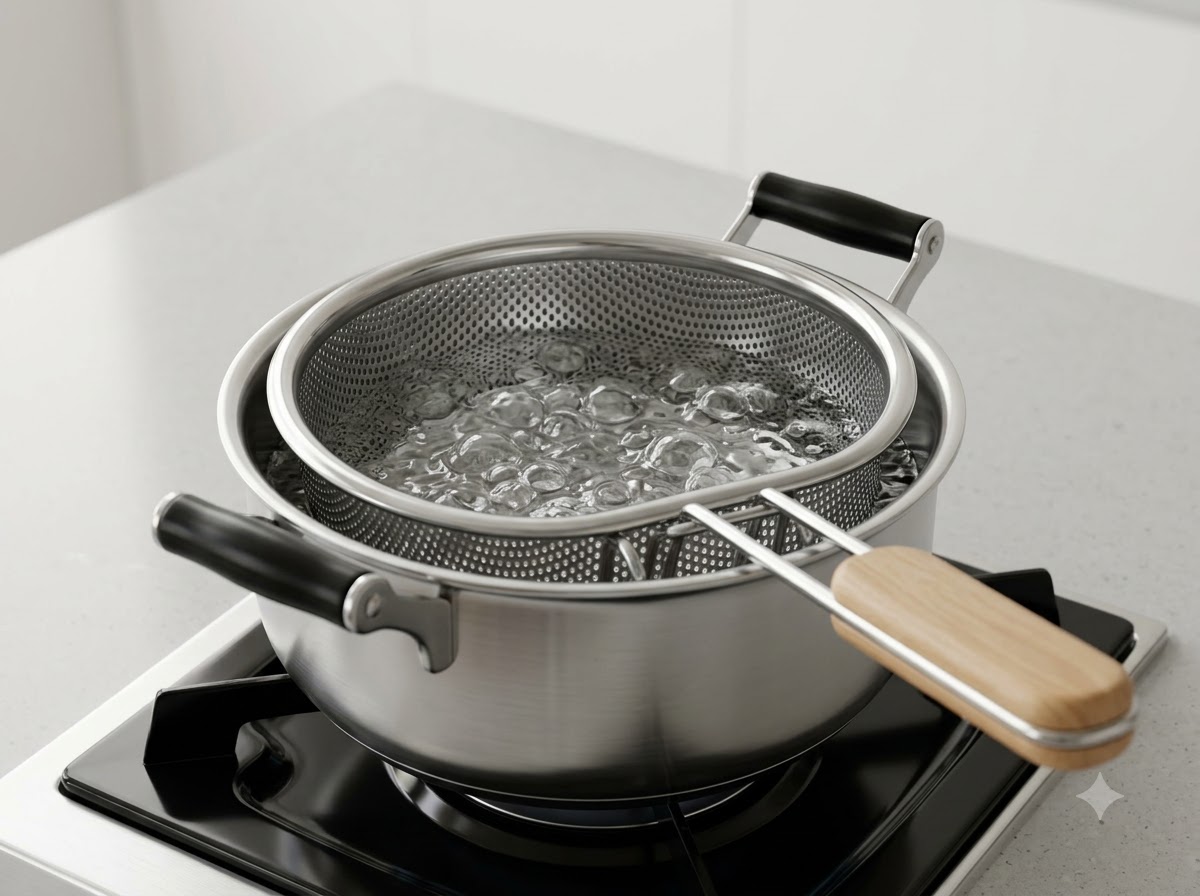 Foglie di spinaci sbollentate in una pentola di acqua bollente usando un cestello scolapasta.