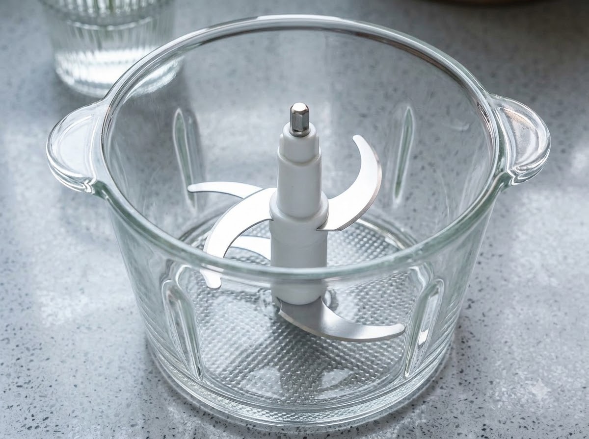 Foglie di spinaci sbollentate, un quadratino di burro e un goccio dacqua allinterno di una ciotola di vetro con lame da frullatore.