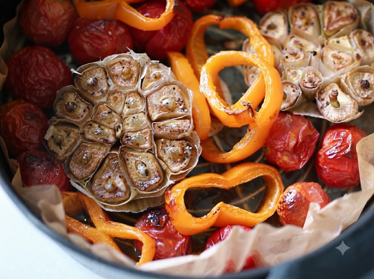 Teste daglio arrostito e pomodorini cotti nel cestello di una friggitrice ad aria.