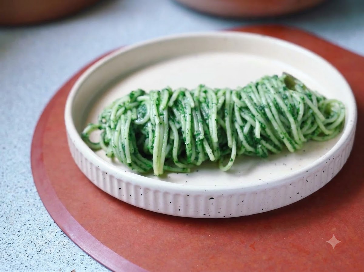 Un robot da cucina elettrico che frulla spinaci, burro e aglio arrostito in una salsa verde liscia.