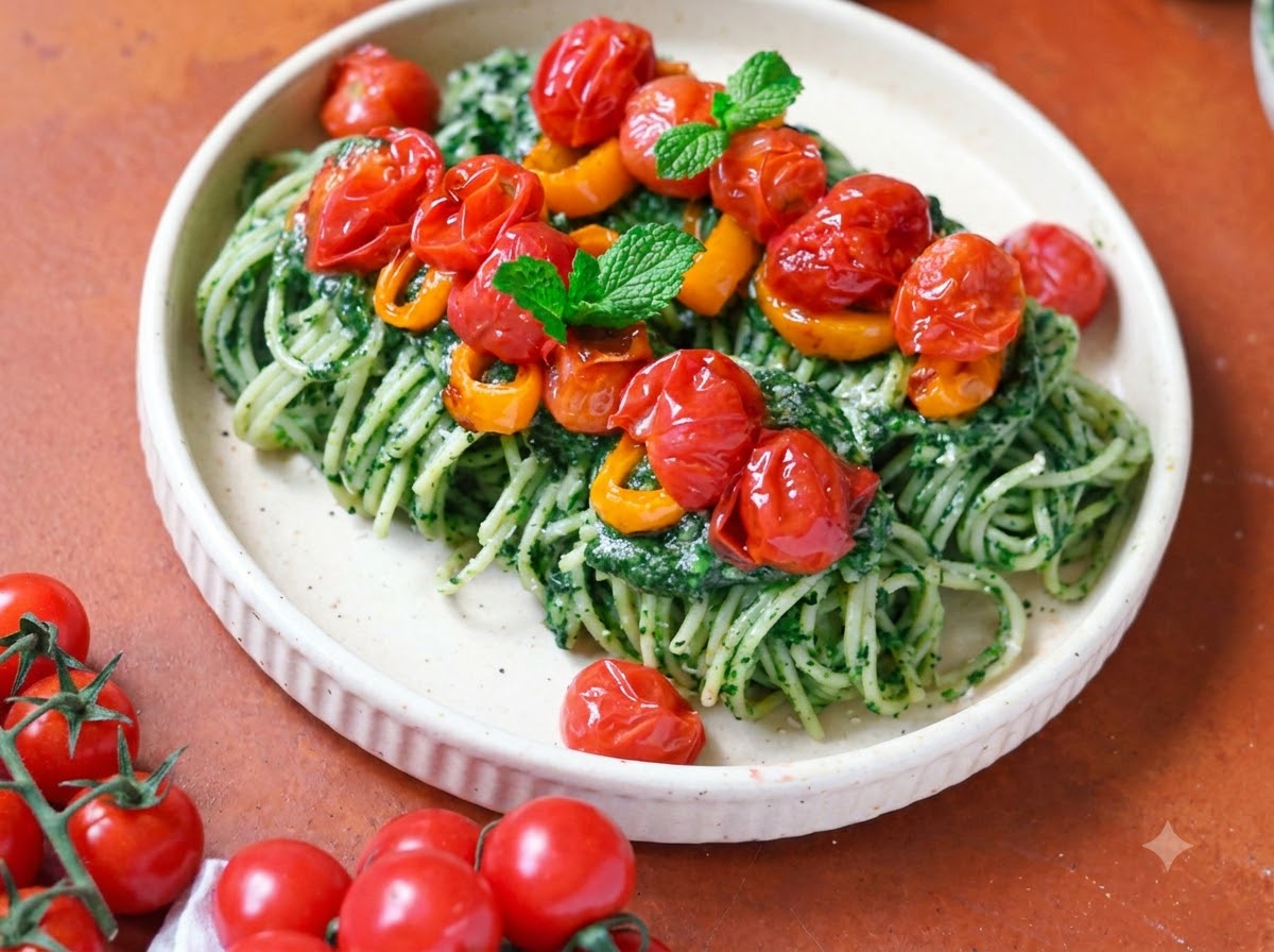 Spaghetti cotti trasferiti con pinze di metallo in una padella con salsa verde di spinaci.