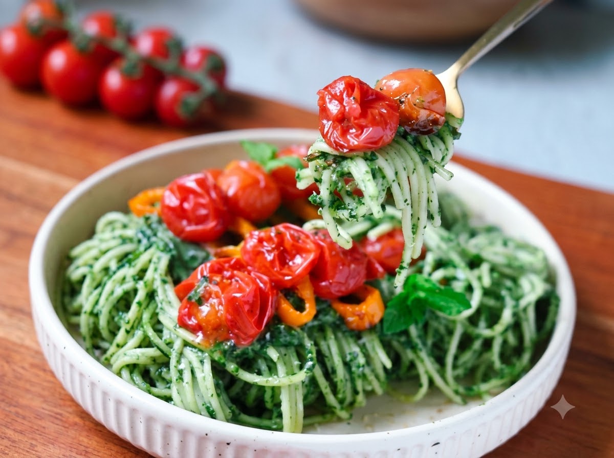 Pepe nero e sale marino sparsi sugli spaghetti che si mescolano alla salsa verde in una padella.