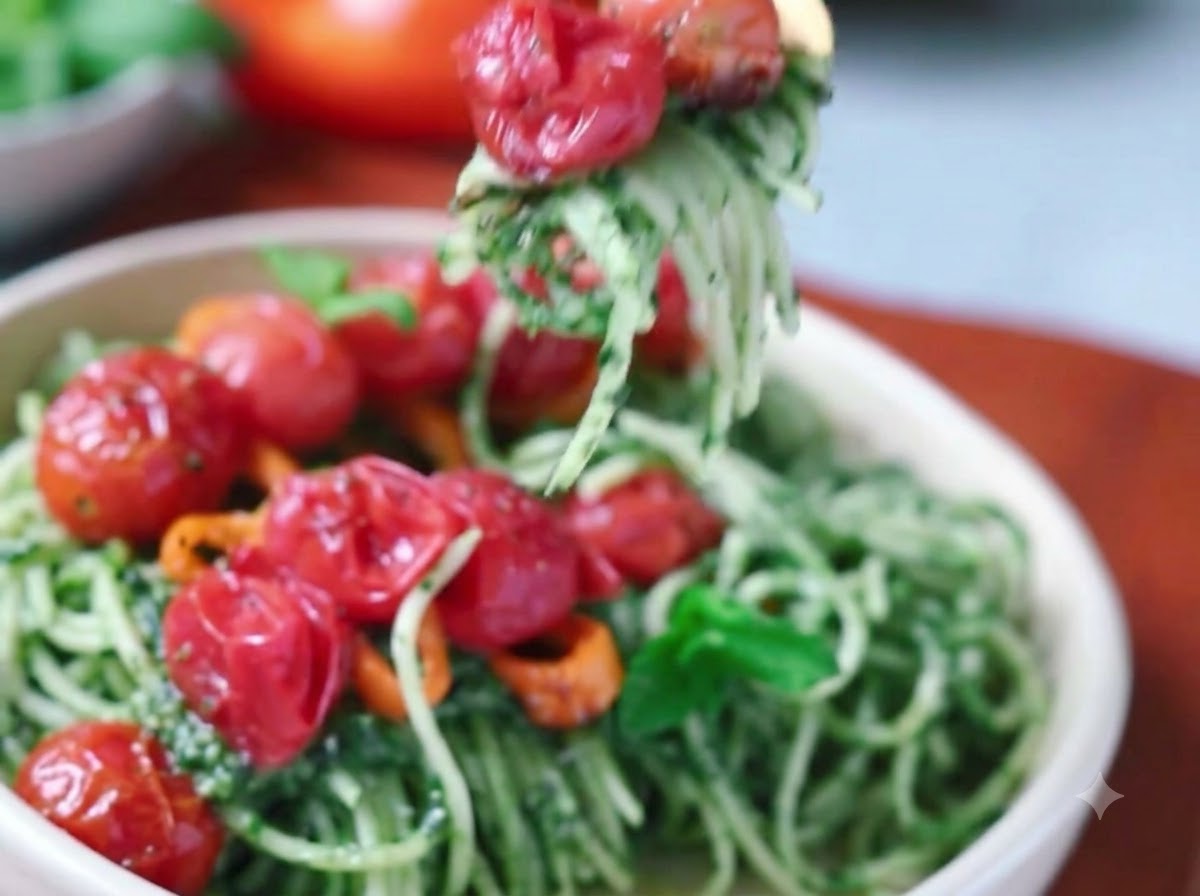Spaghetti mescolati accuratamente con la salsa al pesto di spinaci usando pinze da cucina.