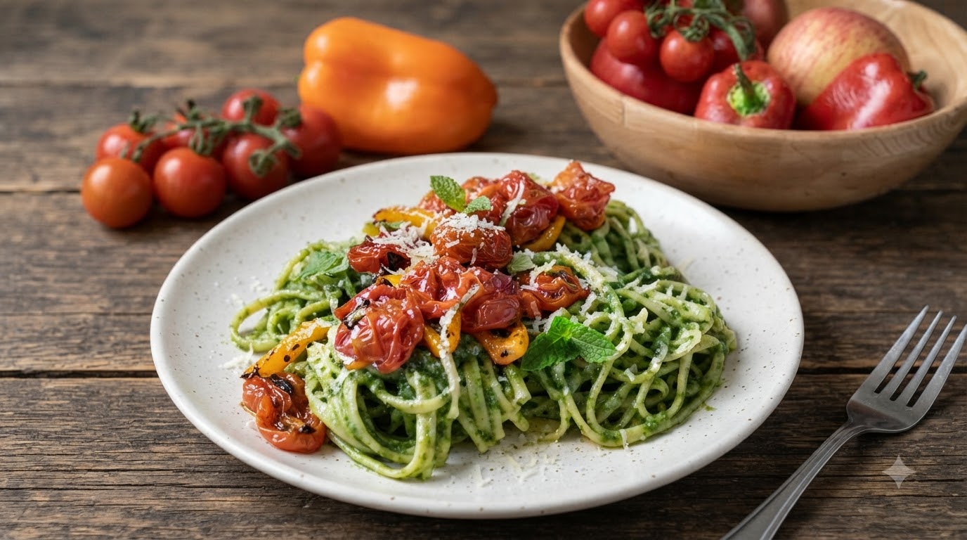 Pasta primaverile al pesto di spinaci con pomodorini e peperoni arrostiti