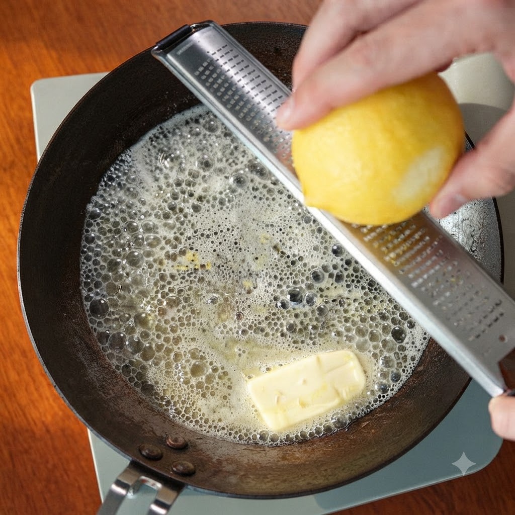 Primo piano di una persona che grattugia la scorza di limone gialla usando una microplane direttamente sul burro fuso che sfrigola in una padella.