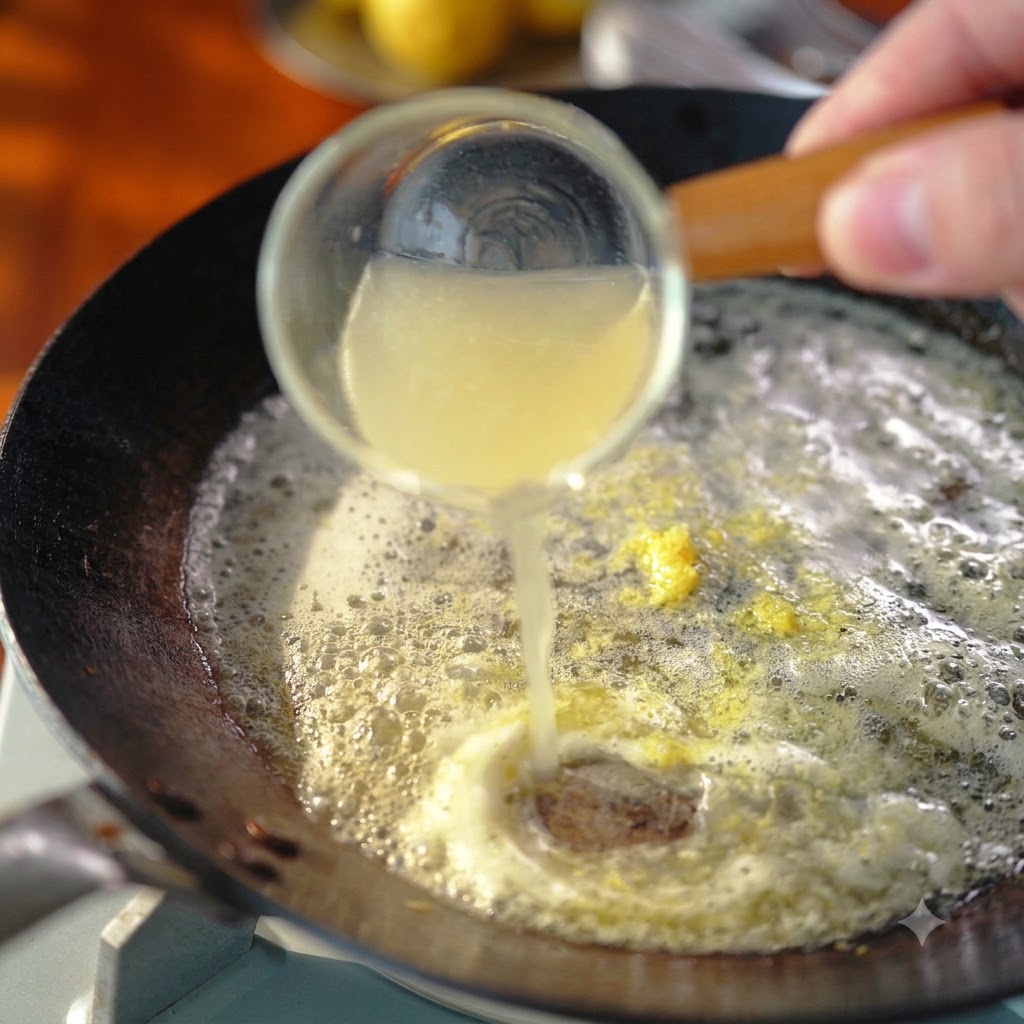 Succo di limone fresco versato da un piccolo recipiente di vetro in una padella rovente con burro e scorza di limone.