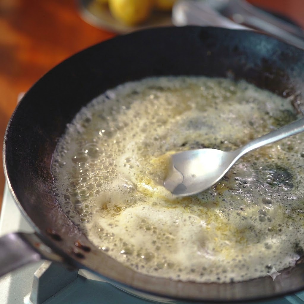 Un cucchiaio di metallo che mescola una miscela ribollente di burro fuso e succo di limone in una padella scura su un piano cottura.