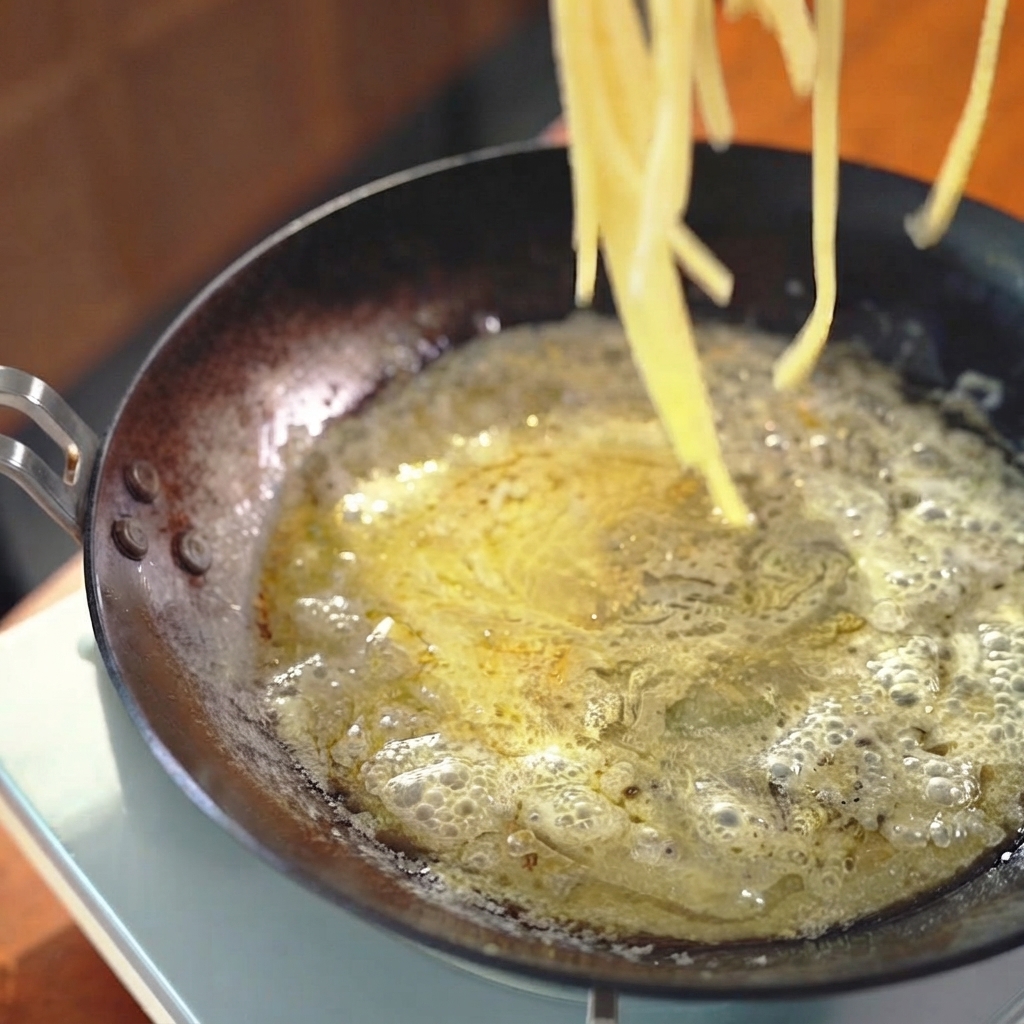 Spaghetti cotti sollevati e trasferiti in una padella con la salsa usando pinze di metallo.