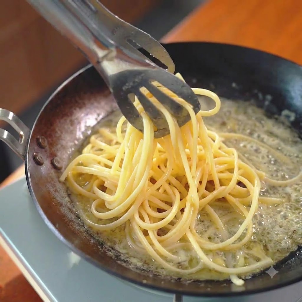 Spaghetti saltati con pezzi di basilico verde in una padella usando pinze di metallo.