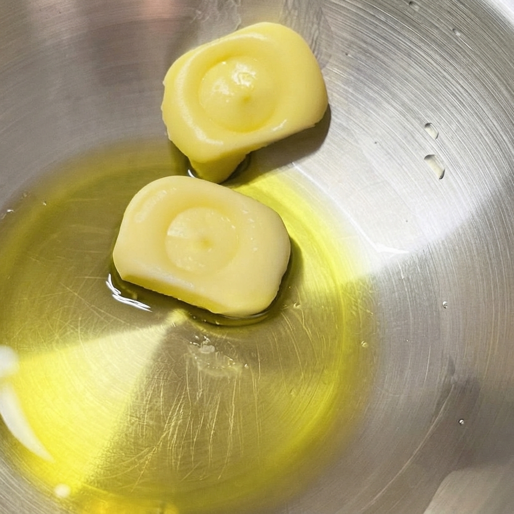 Olio doliva raccolto sul fondo di una ciotola in acciaio inossidabile accanto a due pezzi solidi di burro.