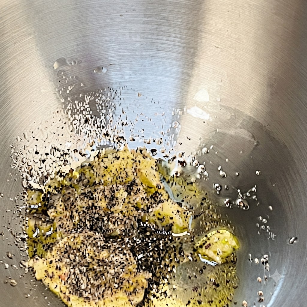 Acqua calda della pasta versata nella ciotola in acciaio contenente il composto di burro, olio, aglio e pepe.